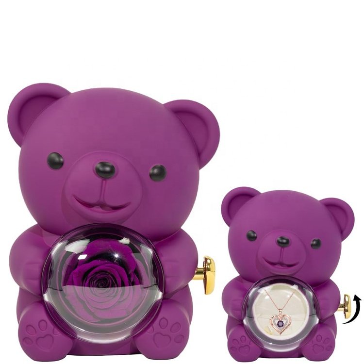 Valentines Day Gift 2024 Novelty Real Rose Bear Jewelry Necklace Rings Storage Box