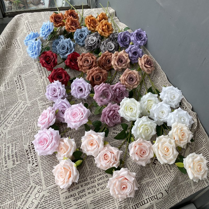M831 Artificial Wedding Decoration 3 Heads Single Silk Rose Flowers centerpiece flower decor