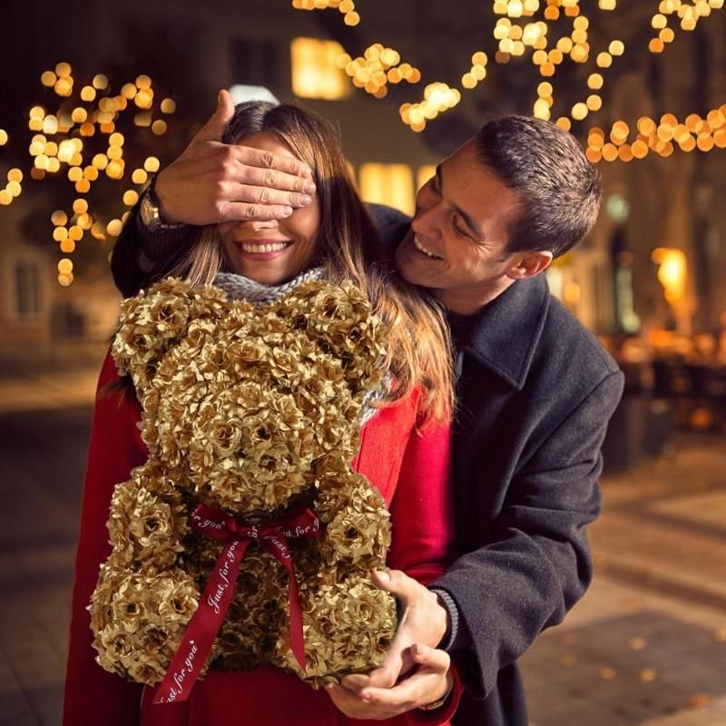Wholesale 25 cm 40cm gold artificial silk flower bear styrofoam rose bears for Valentine gift