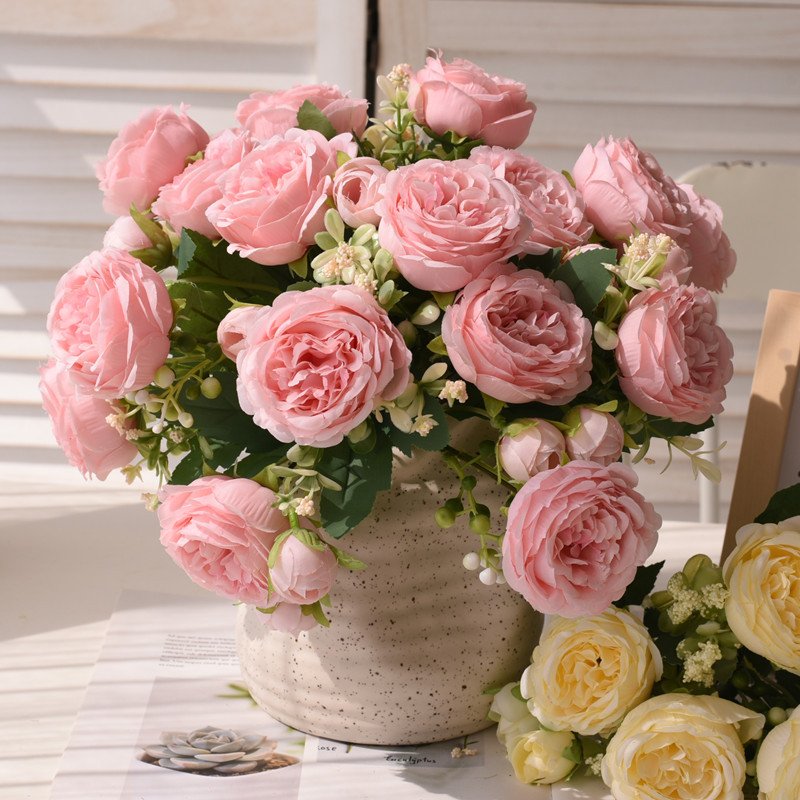 30cm Rose Pink Silk Bouquet Peony Artificial Flower 5 Big Head Wedding Home Decoration Artificial Flower