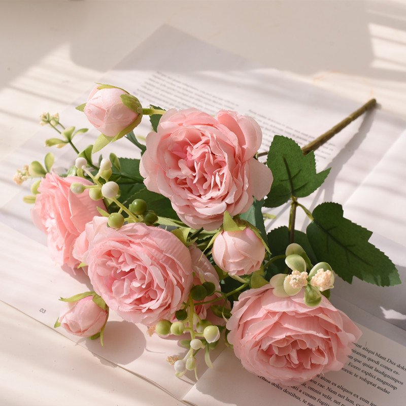 30cm Rose Pink Silk Bouquet Peony Artificial Flower 5 Big Head Wedding Home Decoration Artificial Flower