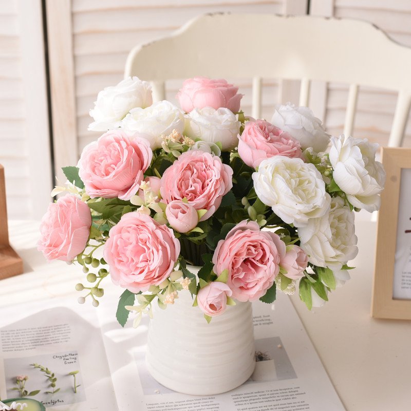 30cm Rose Pink Silk Bouquet Peony Artificial Flower 5 Big Head Wedding Home Decoration Artificial Flower