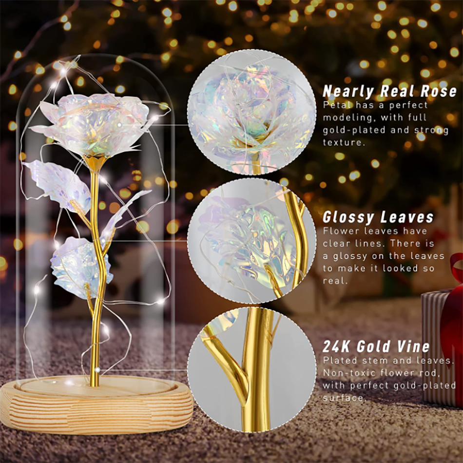 Hot Sale Colorful Gold Foil Flower Light up Galaxy Rose Led Flower Dome Beauty Beast Roses Lasts Forever Flower in Glass Dome