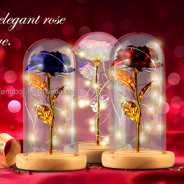 Hot Sale Colorful Gold Foil Flower Light up Galaxy Rose Led Flower Dome Beauty Beast Roses Lasts Forever Flower in Glass Dome