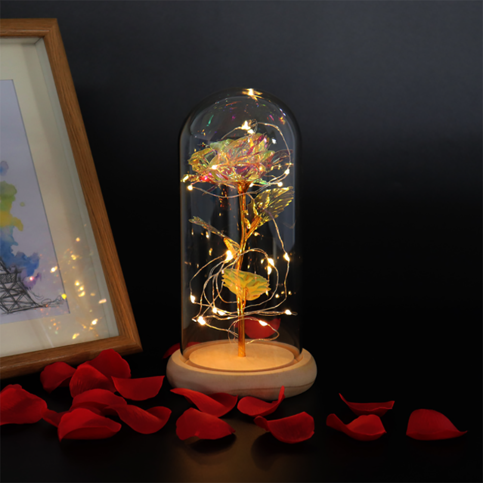 Hot Sale Colorful Gold Foil Flower Light up Galaxy Rose Led Flower Dome Beauty Beast Roses Lasts Forever Flower in Glass Dome