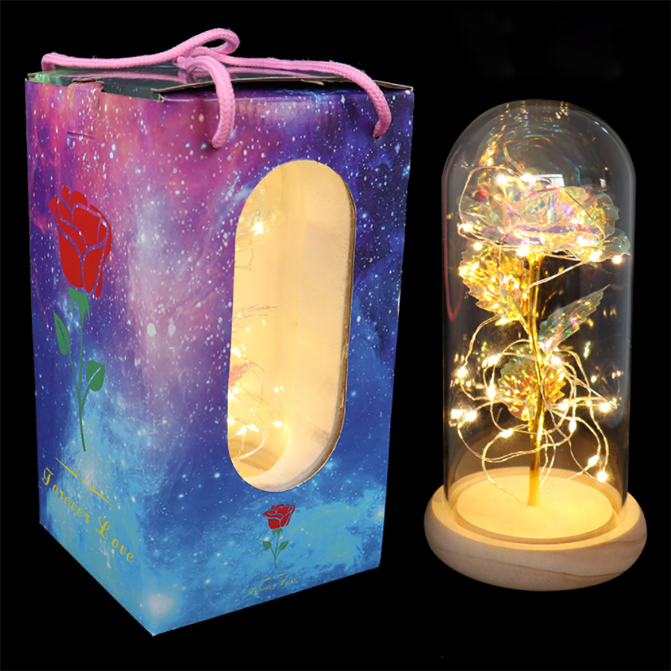 Hot Sale Colorful Gold Foil Flower Light up Galaxy Rose Led Flower Dome Beauty Beast Roses Lasts Forever Flower in Glass Dome
