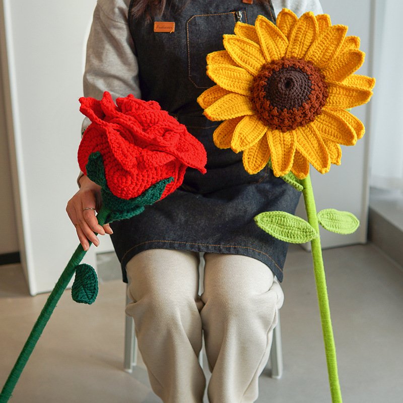 Simulation Bouquet Knitted Wedding Bouquet Valentine's giant sunflower large Weaving crochet handmade artificial roses flowers