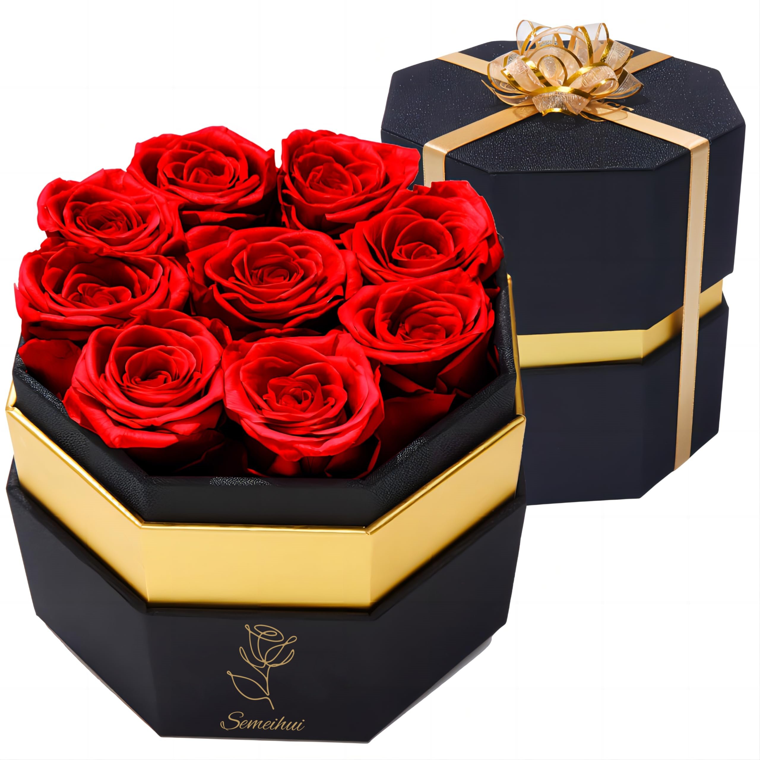 Real Red Preserved Roses Hexagon Gift Box 9pcs Eternal Flowers for Christmas Valentine's Day Graduation New Year Mother's Day