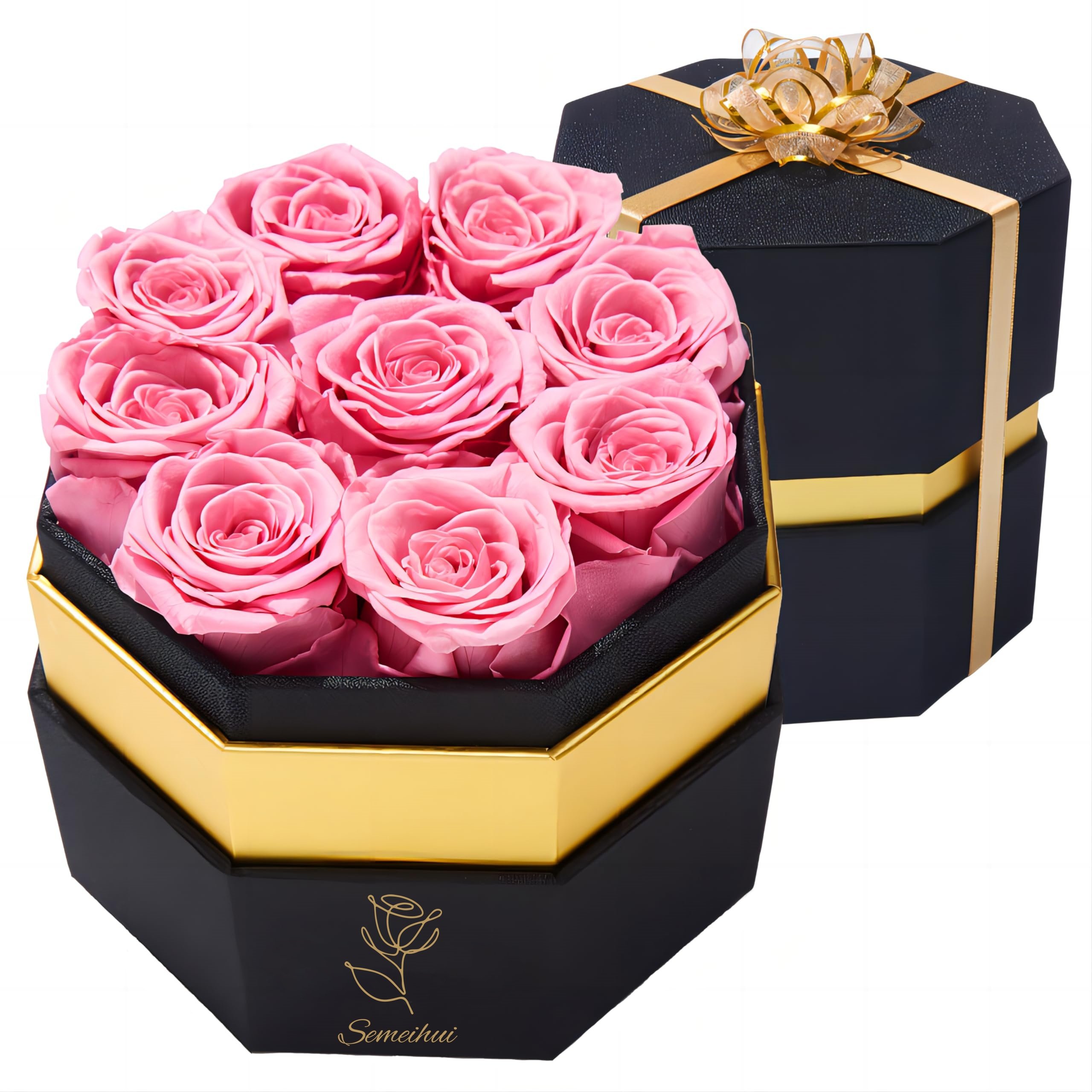 Real Red Preserved Roses Hexagon Gift Box 9pcs Eternal Flowers for Christmas Valentine's Day Graduation New Year Mother's Day