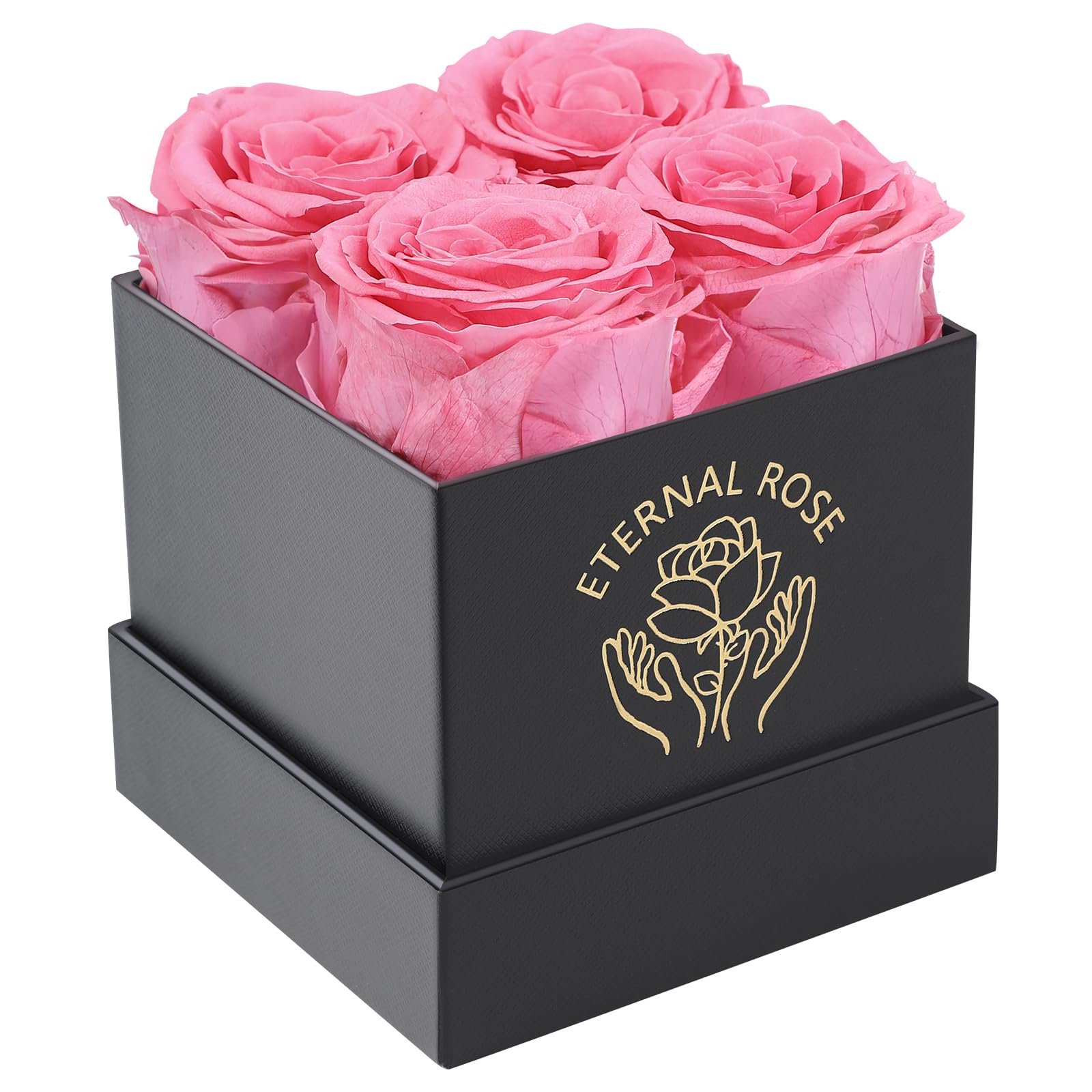 Custom Logo Preserved Black Box Roses 4 Pcs Eternal Rose Pink Roses Natural Christmas Mother's Day Thanksgiving New Year