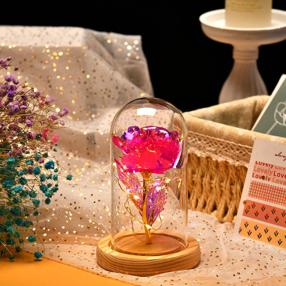 Flannel Feel Valentine's Day Led Light Decorative Preserved Flower Galaxy Rose in Glass Dome for Gift Set