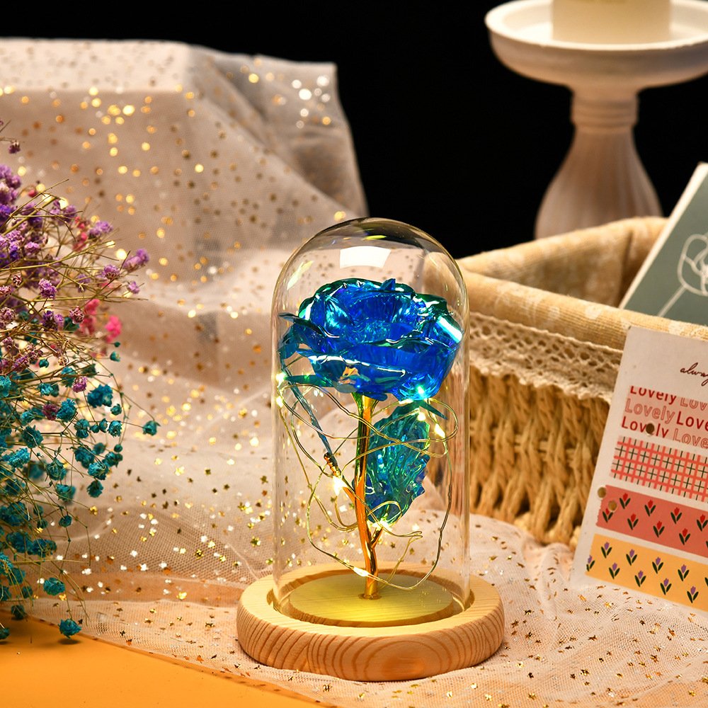 Flannel Feel Valentine's Day Led Light Decorative Preserved Flower Galaxy Rose in Glass Dome for Gift Set