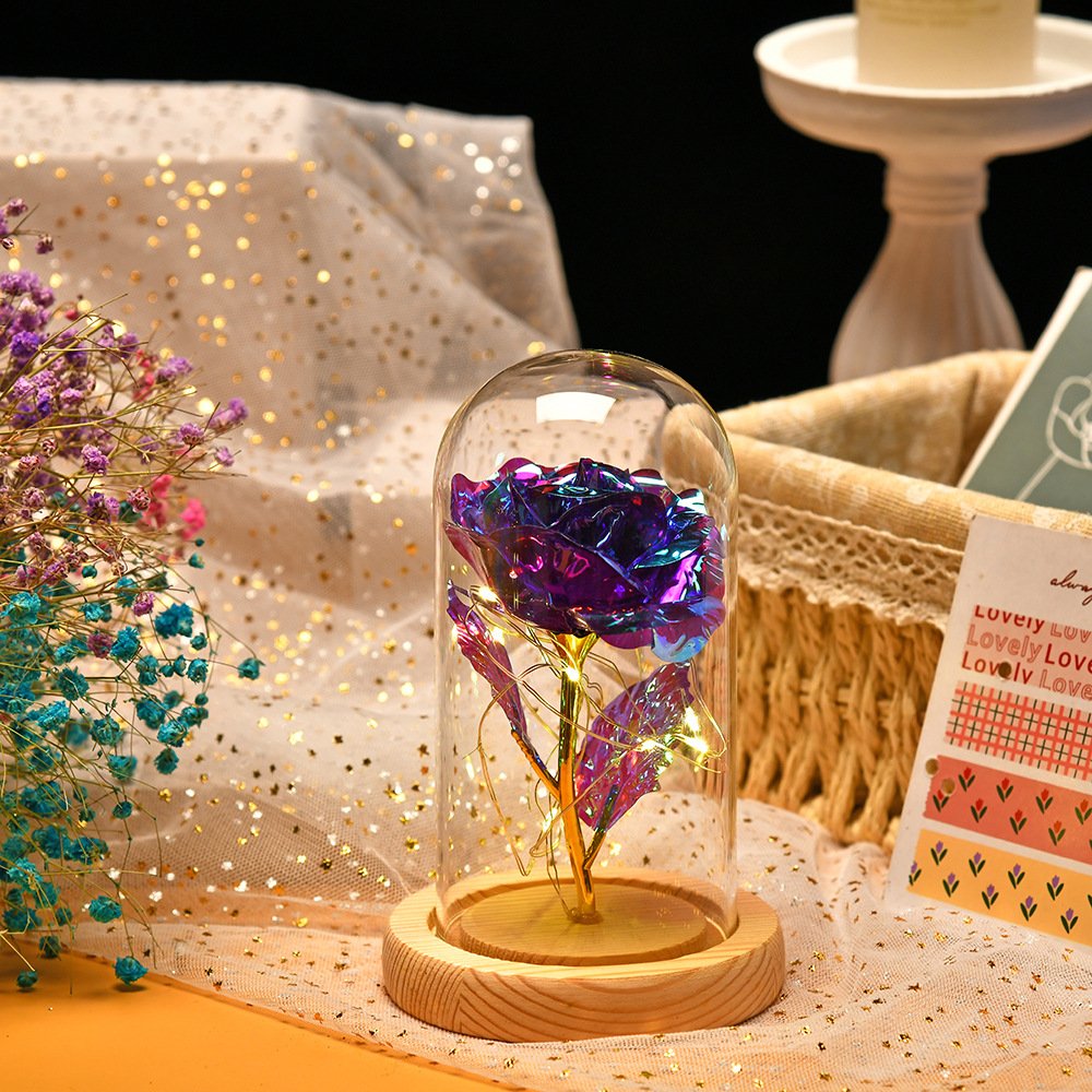 Flannel Feel Valentine's Day Led Light Decorative Preserved Flower Galaxy Rose in Glass Dome for Gift Set