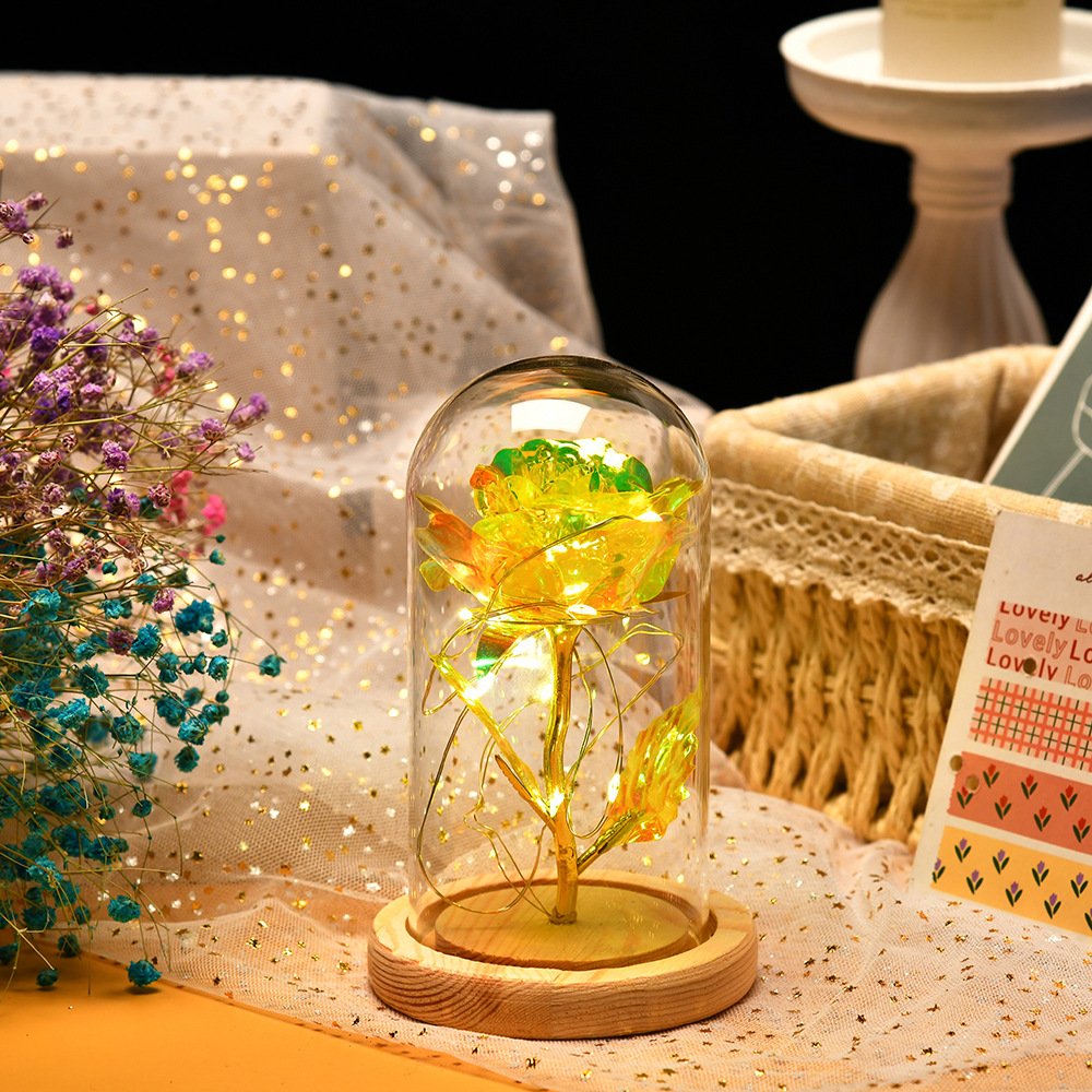 Flannel Feel Valentine's Day Led Light Decorative Preserved Flower Galaxy Rose in Glass Dome for Gift Set