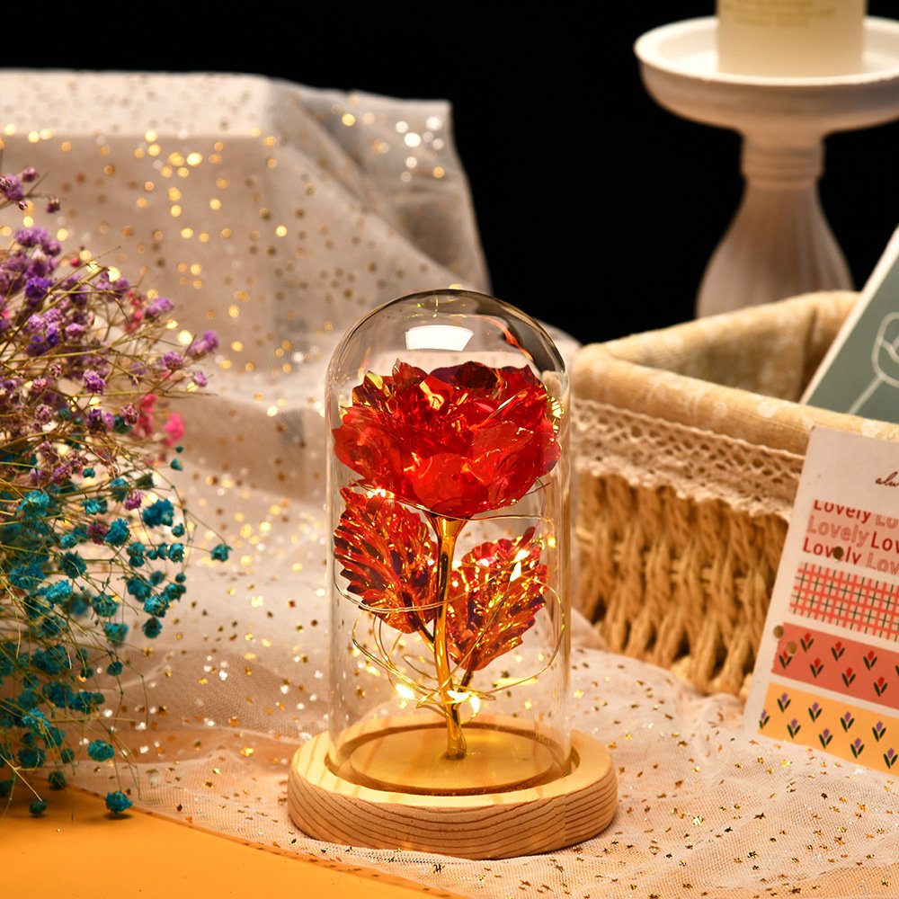 Flannel Feel Valentine's Day Led Light Decorative Preserved Flower Galaxy Rose in Glass Dome for Gift Set