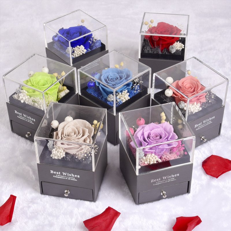 Sweetie Valentines Mother Day Eternal Rose Infinity Immortal Flowers In Acrylic Box Preserved Roses With Love You Necklace Gifts
