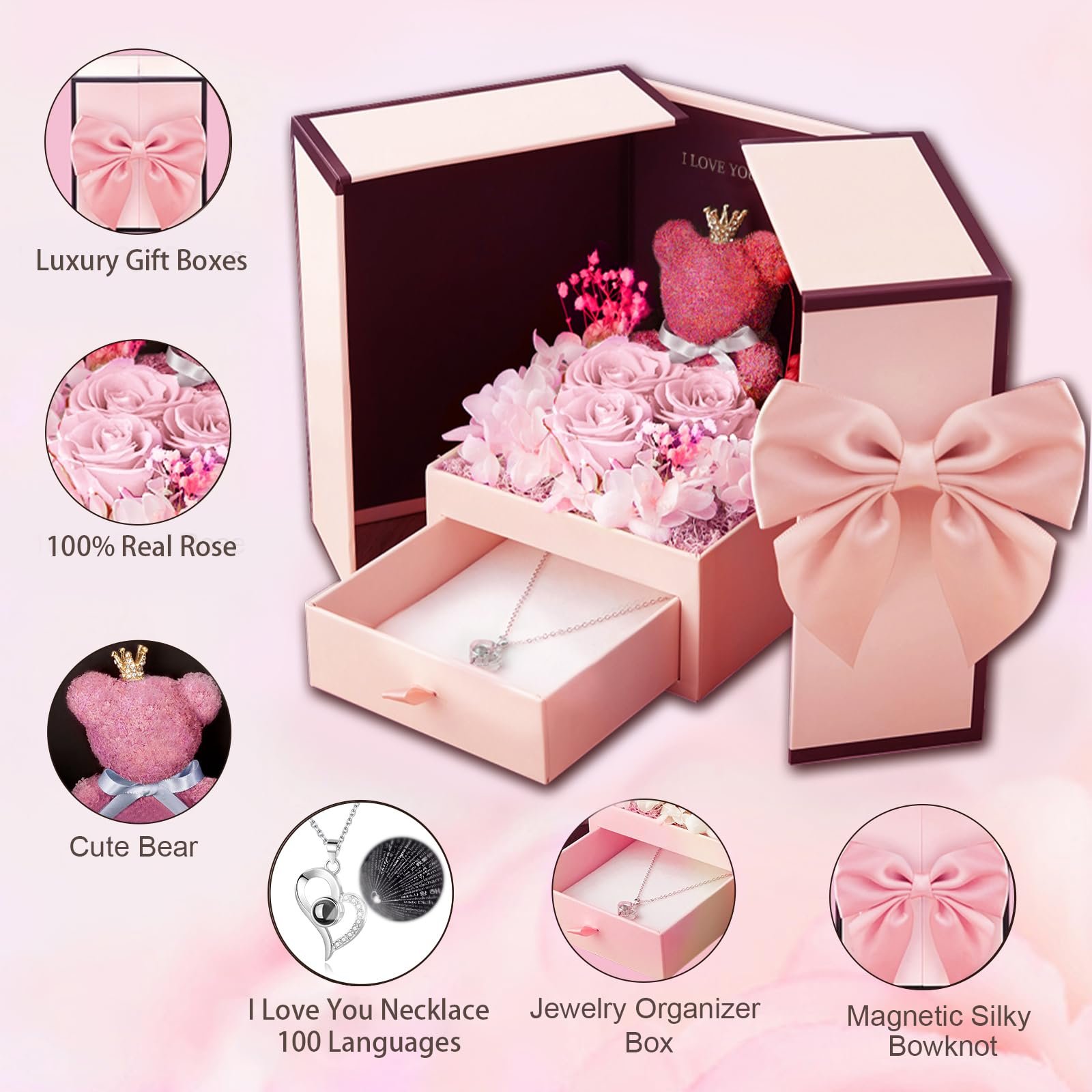 New Product Ideas 2024 Pink Rose Flowers Moss Bear Jewelry Drawer Mothers Day Gift Sets Stabilized Eternal Roses In Acrylic Box
