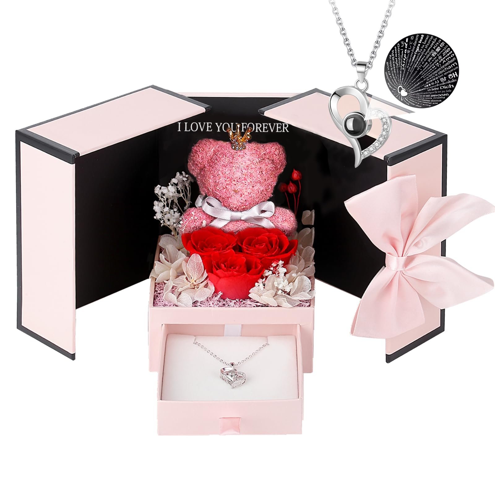 New Product Ideas 2024 Pink Rose Flowers Moss Bear Jewelry Drawer Mothers Day Gift Sets Stabilized Eternal Roses In Acrylic Box