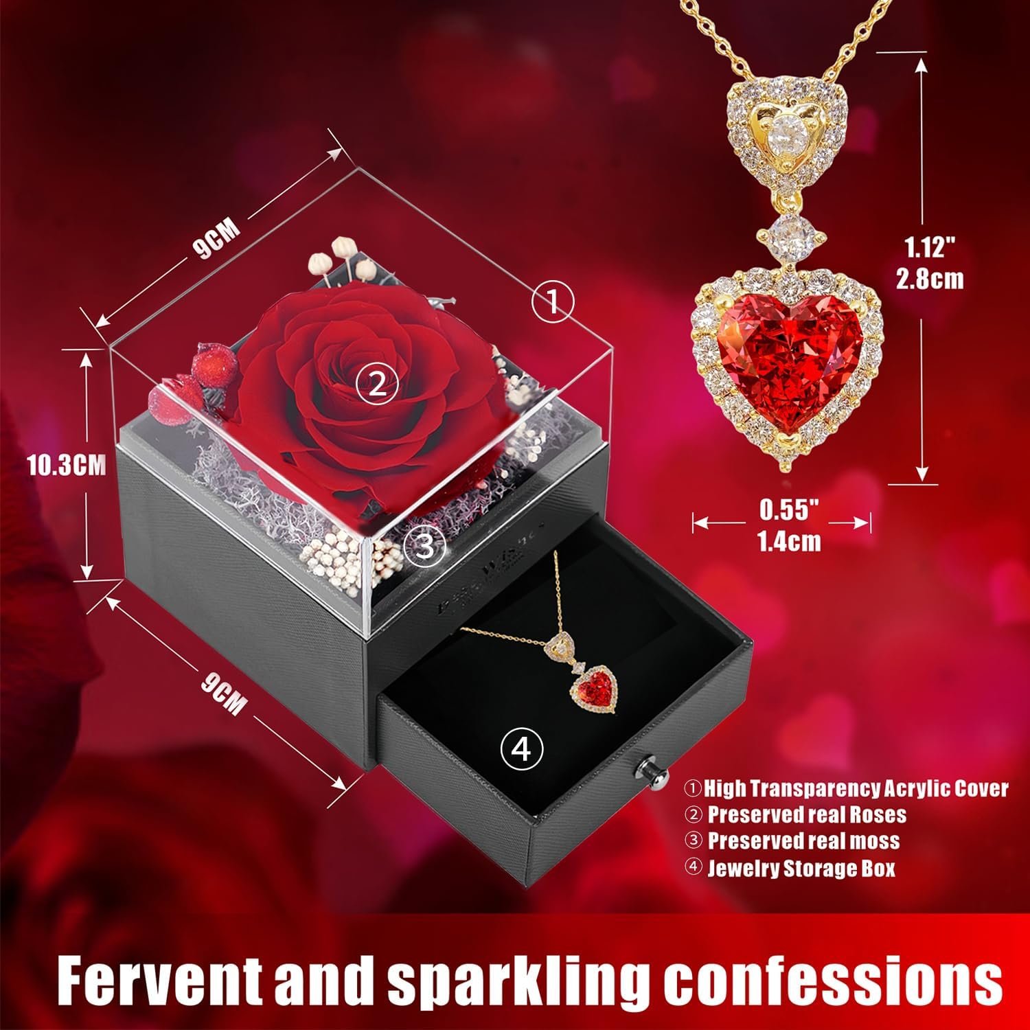 Eternal Rose Preserved Flowers with Red Heart Necklace Christmas and Valentines Day Gifts for Women & Moms Birthday Present