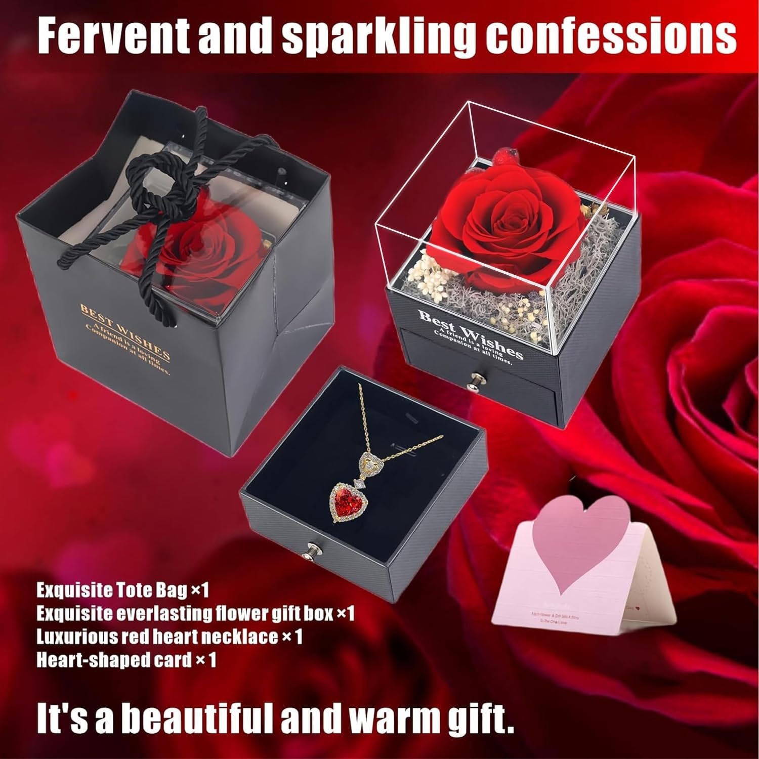 Eternal Rose Preserved Flowers with Red Heart Necklace Christmas and Valentines Day Gifts for Women & Moms Birthday Present