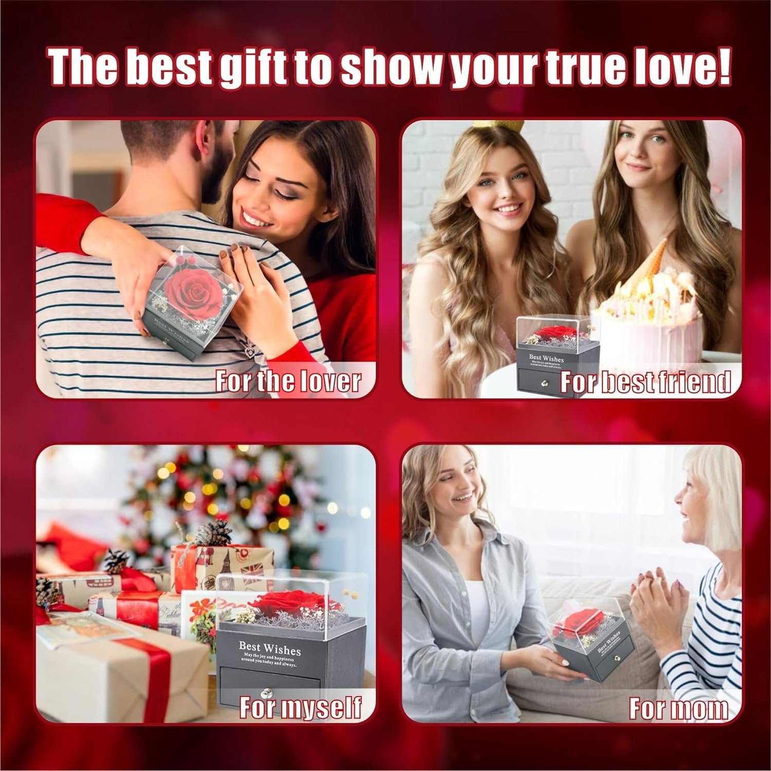 Eternal Rose Preserved Flowers with Red Heart Necklace Christmas and Valentines Day Gifts for Women & Moms Birthday Present