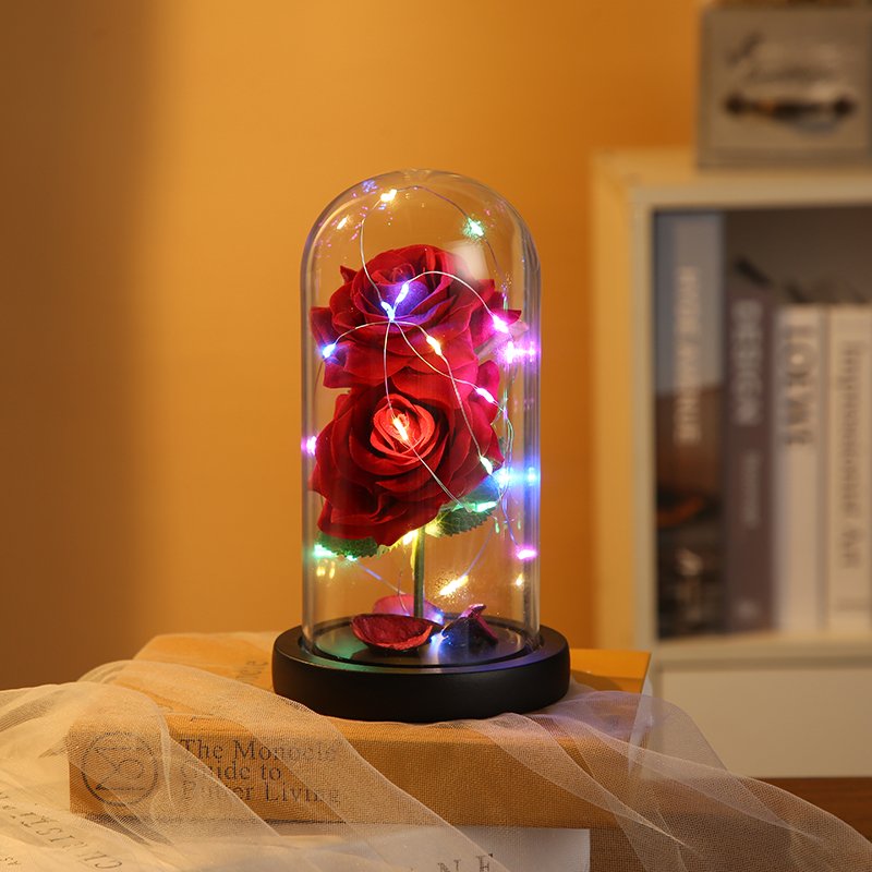 Eternal Rose in Glass Dome Artificial Valentines Gift Preserved Flowers in Glass Dome with Led