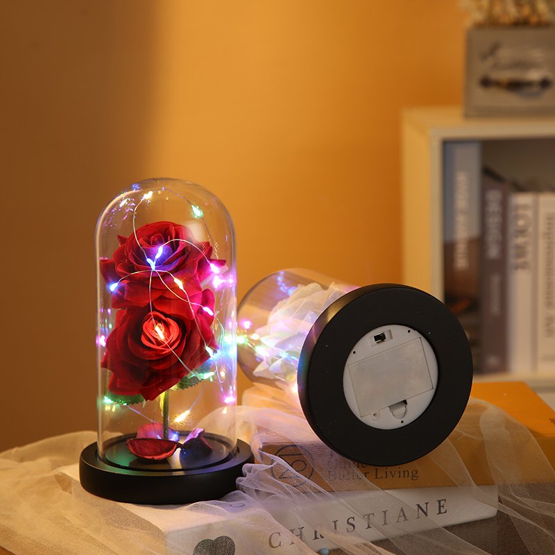 Eternal Rose in Glass Dome Artificial Valentines Gift Preserved Flowers in Glass Dome with Led