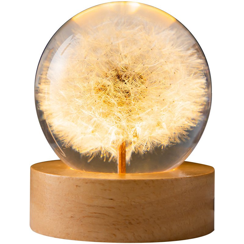 Wholesale Christmas Valentines Day Gift Dandelion Usb Led Light Crystal Ball Preserved Flower with Wooden Base for Women Girls