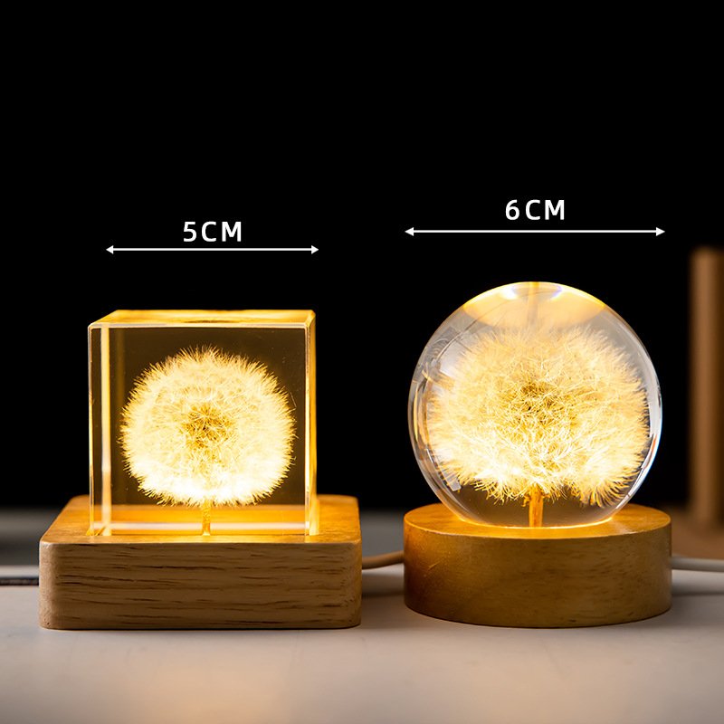 Wholesale Christmas Valentines Day Gift Dandelion Usb Led Light Crystal Ball Preserved Flower with Wooden Base for Women Girls