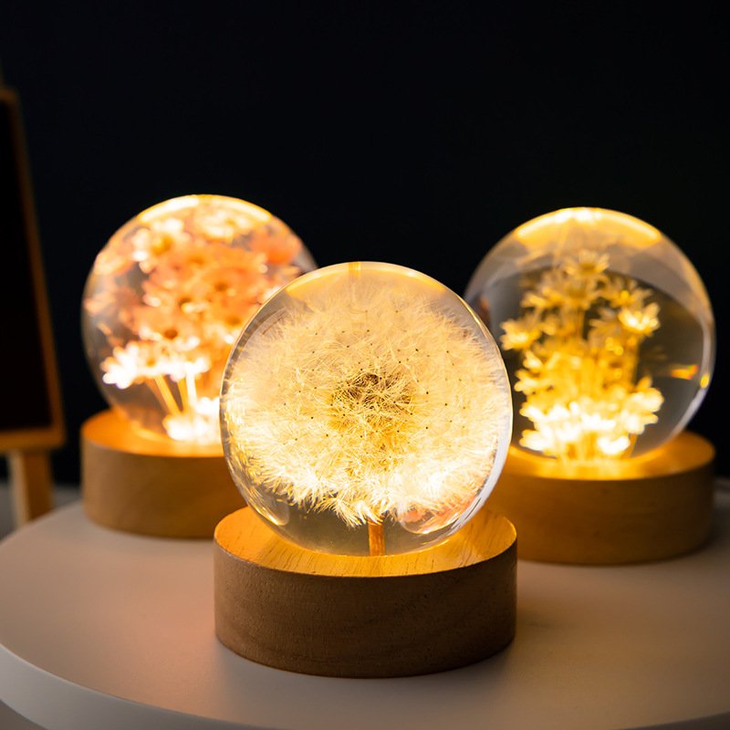 Wholesale Christmas Valentines Day Gift Dandelion Usb Led Light Crystal Ball Preserved Flower with Wooden Base for Women Girls