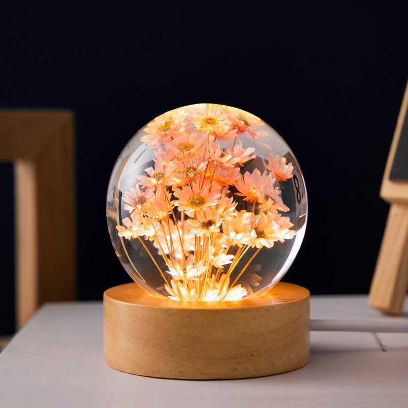 Wholesale Christmas Valentines Day Gift Dandelion Usb Led Light Crystal Ball Preserved Flower with Wooden Base for Women Girls