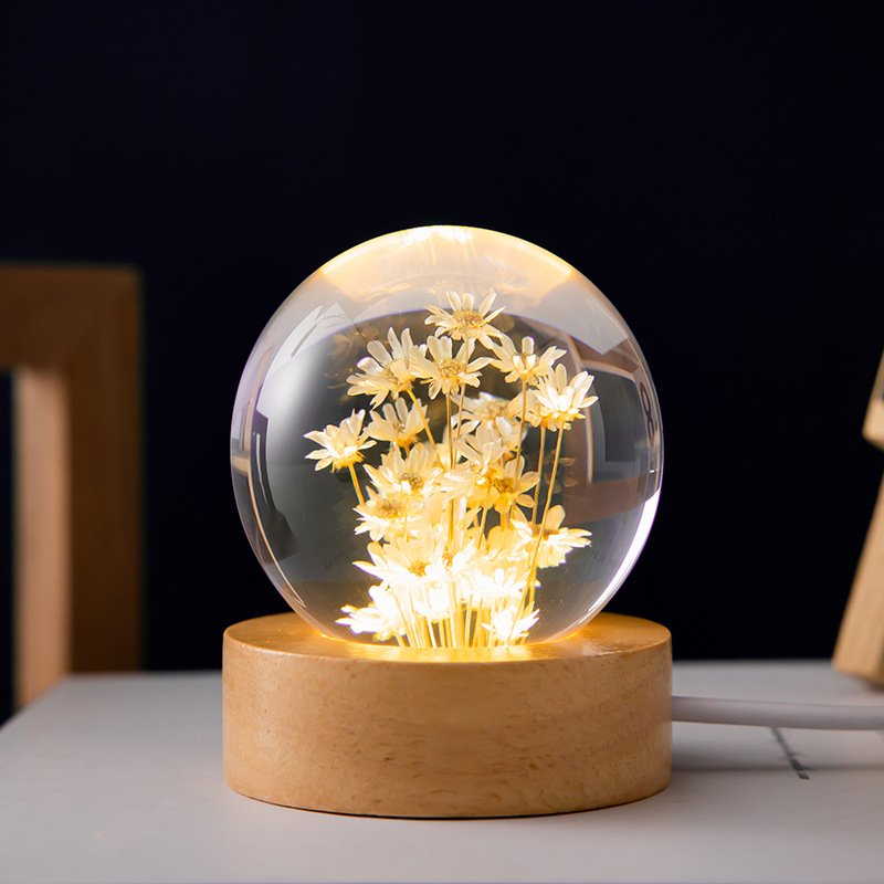 Wholesale Christmas Valentines Day Gift Dandelion Usb Led Light Crystal Ball Preserved Flower with Wooden Base for Women Girls