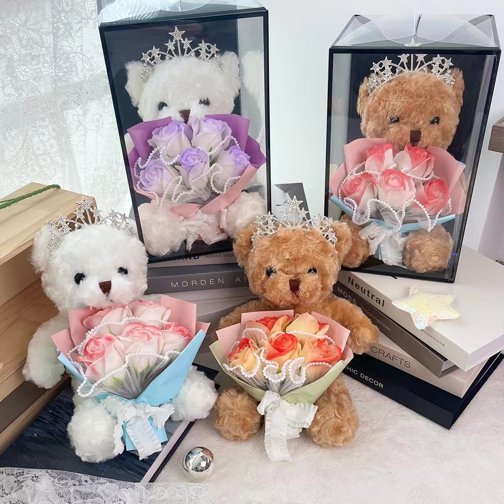 New Arrivals Preserved Flowers Bouquets Teddy Bears In Glift Boxes For Valentine's Day