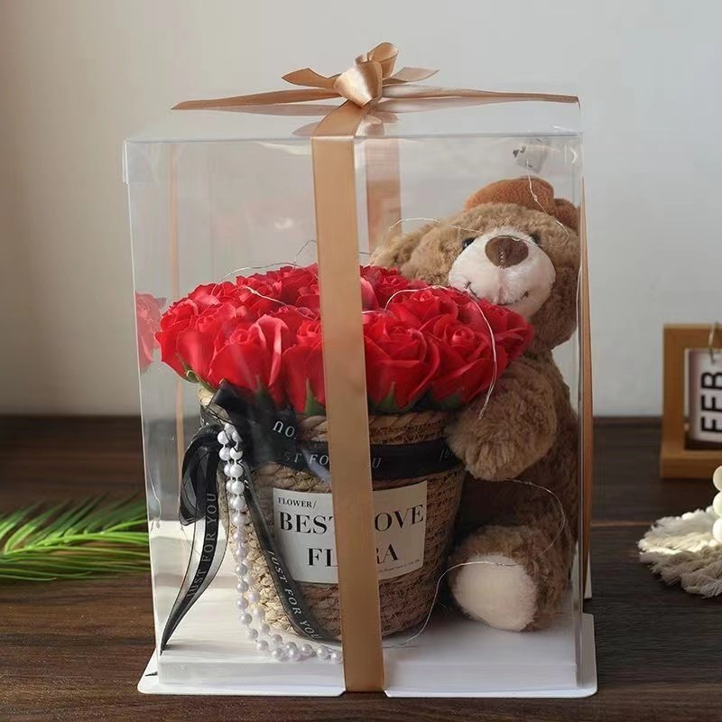 New Arrivals Preserved Flowers Bouquets Teddy Bears In Glift Boxes For Valentine's Day