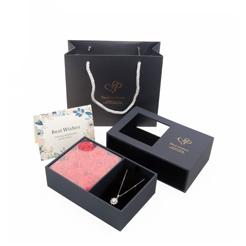 Preserved Soap Rose Flower Gift Box Valentines Day Mother'S Day Gift Necklace Flower Window Black 9 Roses Box