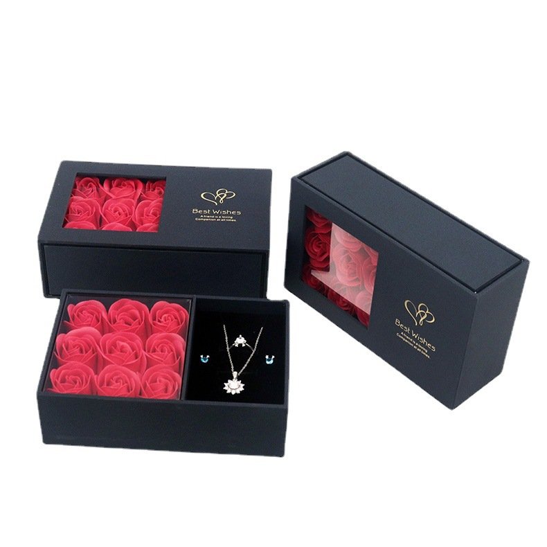 Preserved Soap Rose Flower Gift Box Valentines Day Mother'S Day Gift Necklace Flower Window Black 9 Roses Box