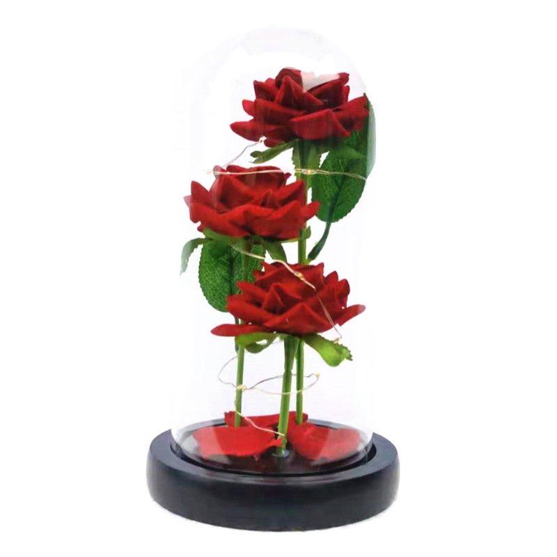 Three Preserved Flower Valentine's Day Gifts Ideas Enchanted Led Lights in Glass Dome Eternal Rose Ornaments