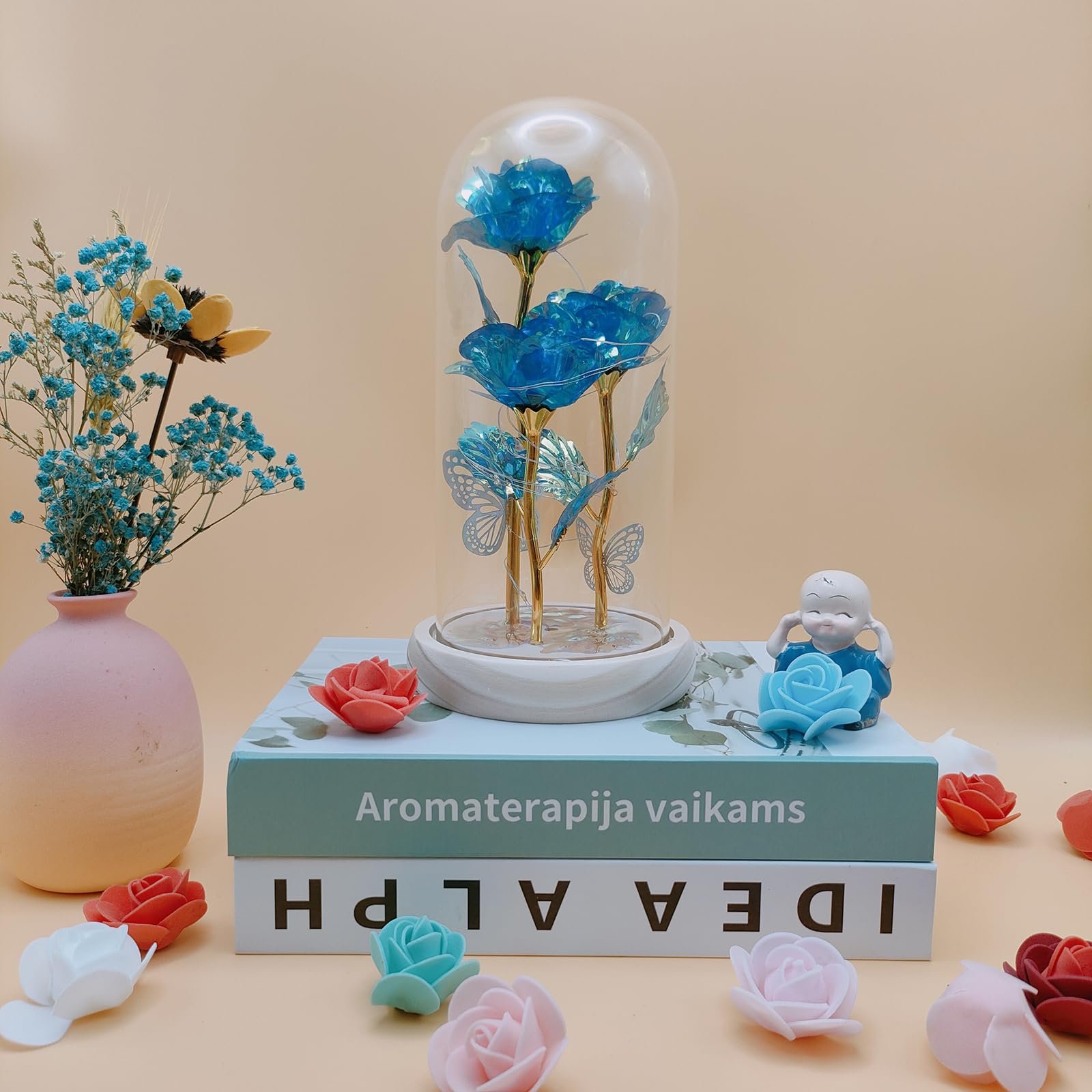 Light Up Galaxy Rose in Glass Dome blue Forever Rose Preserves Flowers for Girlfriend Wife Mom