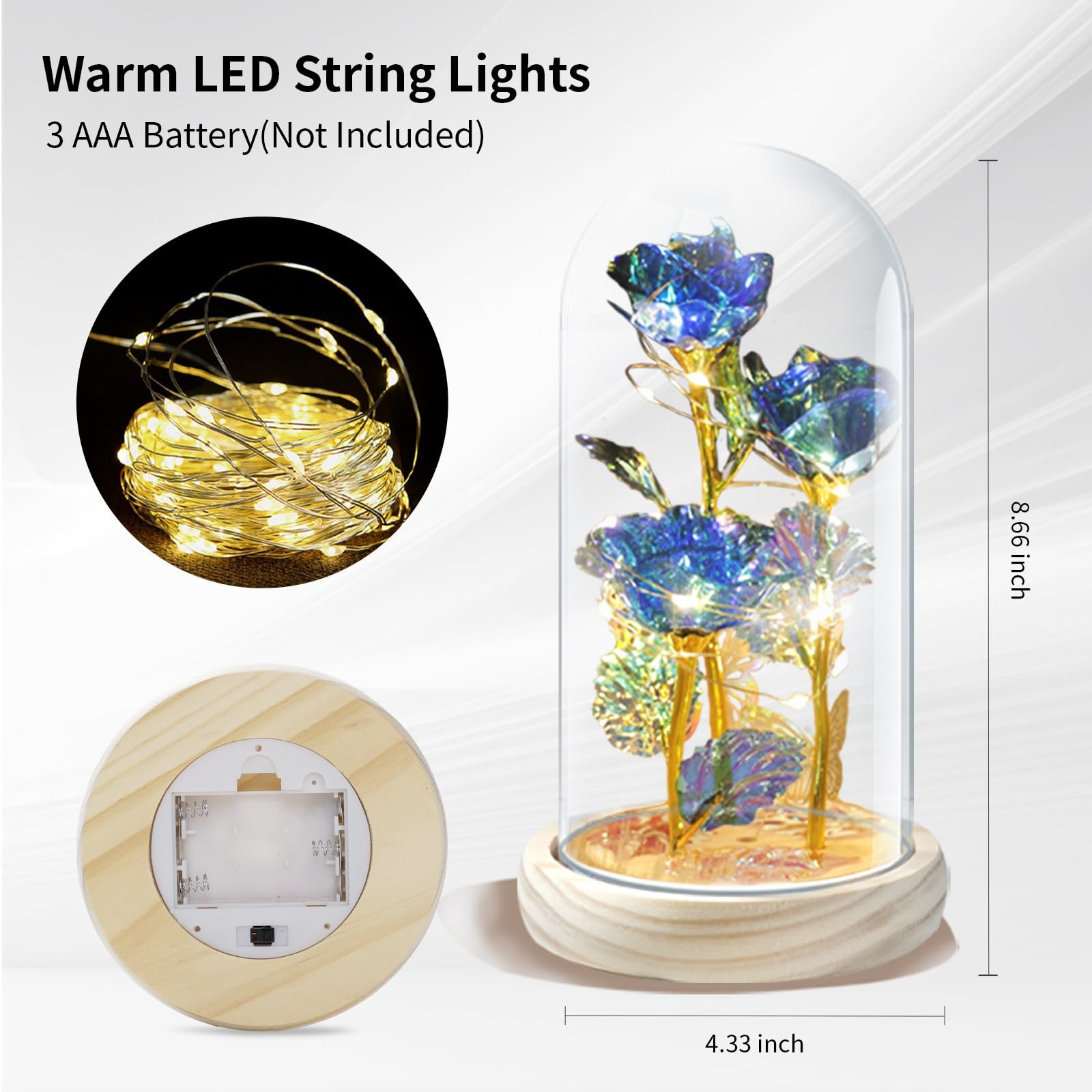Light Up Galaxy Rose in Glass Dome blue Forever Rose Preserves Flowers for Girlfriend Wife Mom