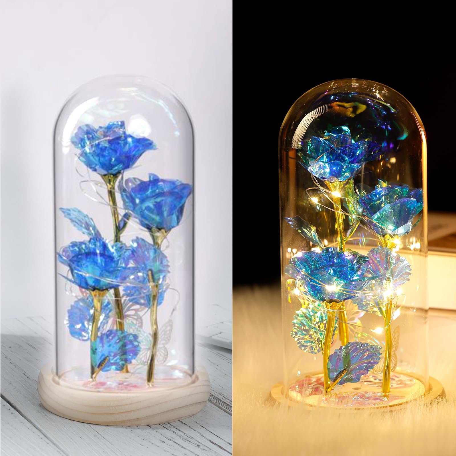Light Up Galaxy Rose in Glass Dome blue Forever Rose Preserves Flowers for Girlfriend Wife Mom