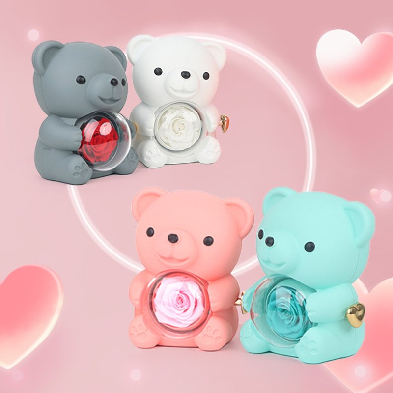 Valentine's Day Gift Luxury Preserved Roses Ring Necklace Box Cute Hug Bear Eternal Rose Flower Jewelry Box