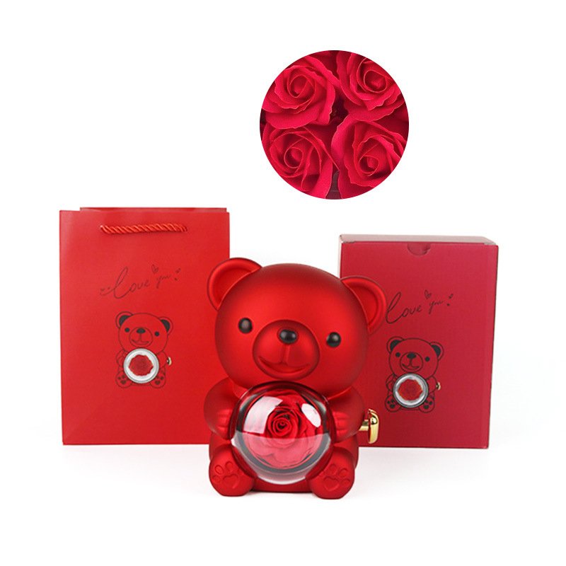 Valentine's Day Gift Luxury Preserved Roses Ring Necklace Box Cute Hug Bear Eternal Rose Flower Jewelry Box