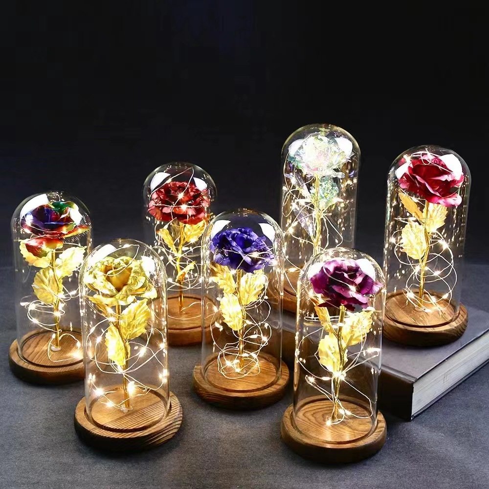 Artificial Foil Rose in Glass Dome with LED Light Best gift for Mother's Day Gift Valentine's Day Gift