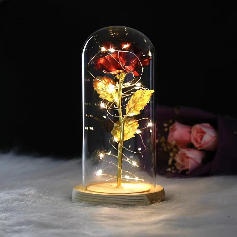 Artificial Foil Rose in Glass Dome with LED Light Best gift for Mother's Day Gift Valentine's Day Gift