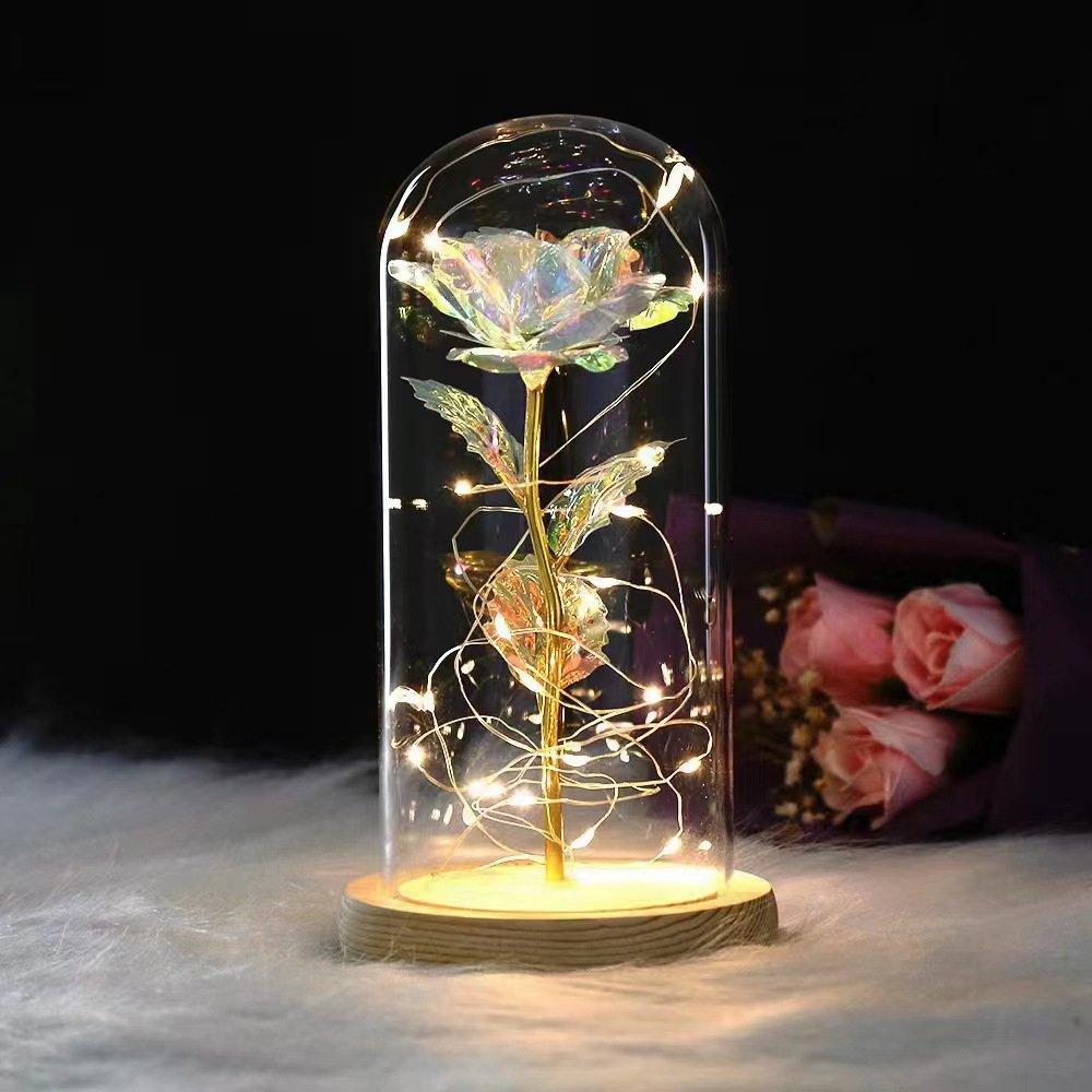 Artificial Foil Rose in Glass Dome with LED Light Best gift for Mother's Day Gift Valentine's Day Gift
