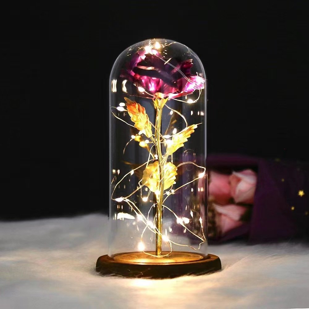 Artificial Foil Rose in Glass Dome with LED Light Best gift for Mother's Day Gift Valentine's Day Gift