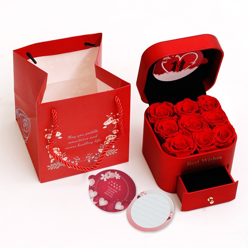9PCS Preserved Roses Valentine's Day Gift Flower Red Preserved Flower Jewelry Box Gift Eternal Rose Jewelry Box