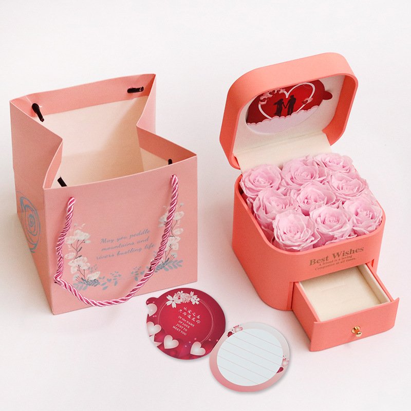 9PCS Preserved Roses Valentine's Day Gift Flower Red Preserved Flower Jewelry Box Gift Eternal Rose Jewelry Box