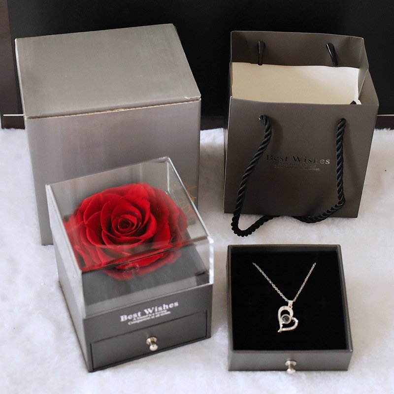 Eternal Red Rose Jewelry Gift Box Preserved Real Rose Flowers With Acrylic Jewelry Box Rose Box Gift for Valentine Birthday