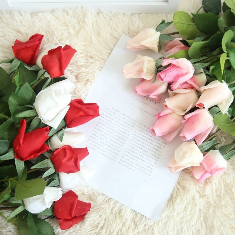 O-X809 Wedding Supplies Wholesale Real Touch Latex Flowers White Pink Real Touch Single Roses Buds Artificial Roses with Stem
